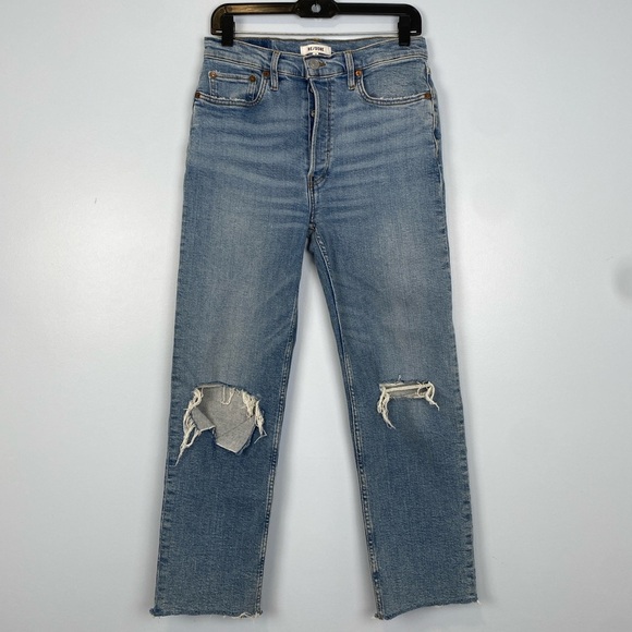 RE/DONE Women’s 70s Stove Pipe Jeans Destroyed Dawn Sz 29 Distressed Raw Hem - Picture 1 of 12
